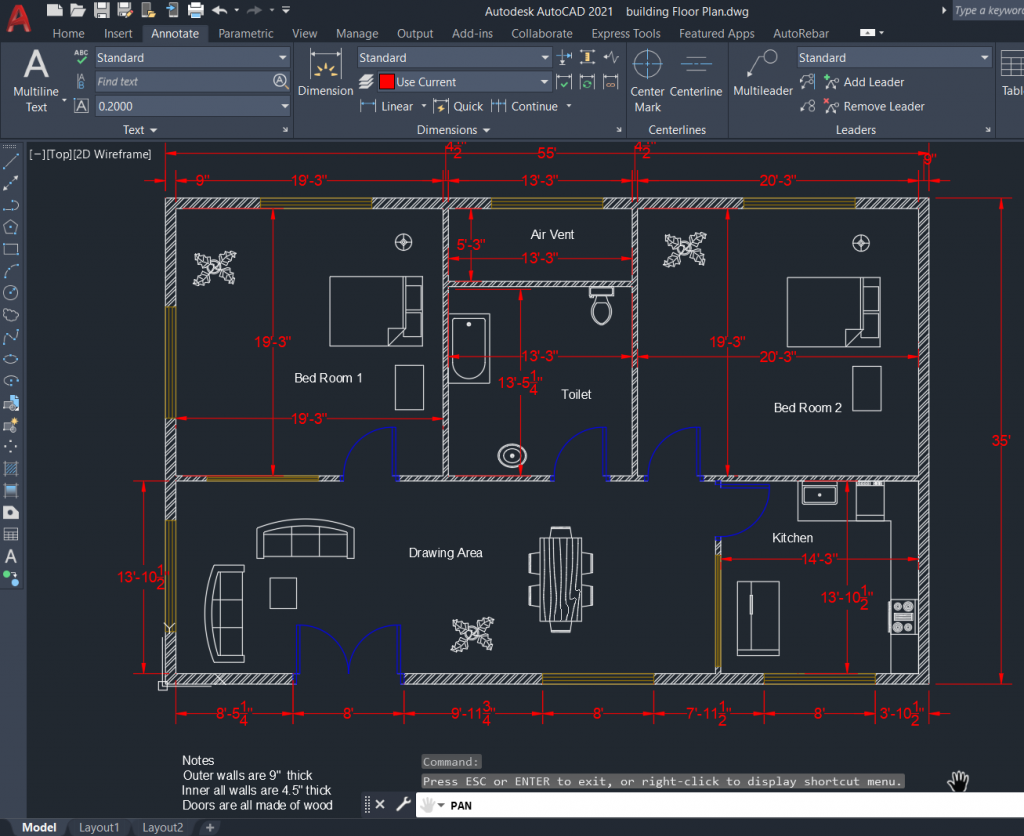 ایجاد پلان دو بعدی در AutoCAD