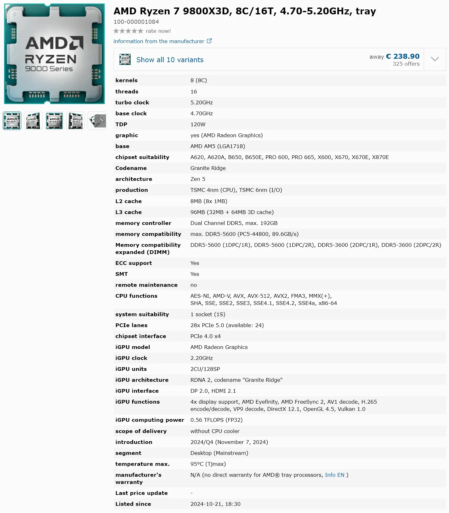 مشخصات AMD Ryzen 7 9800X3D